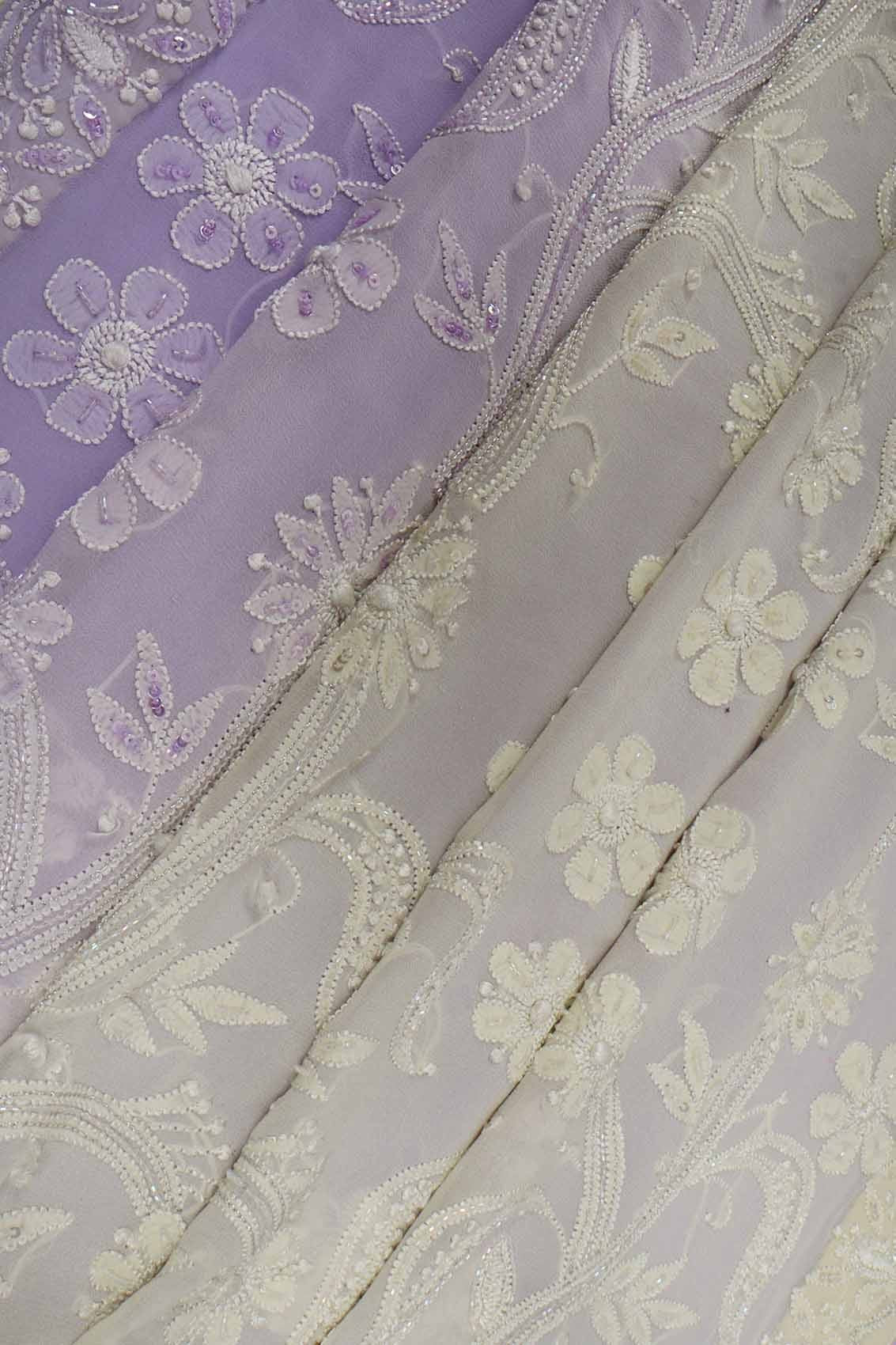 Ada Hand Embroidered Mauve & Cream Ombre Shade Pure Georgette Lucknowi Chikankari Saree/Blouse with Cutdana Work A393538