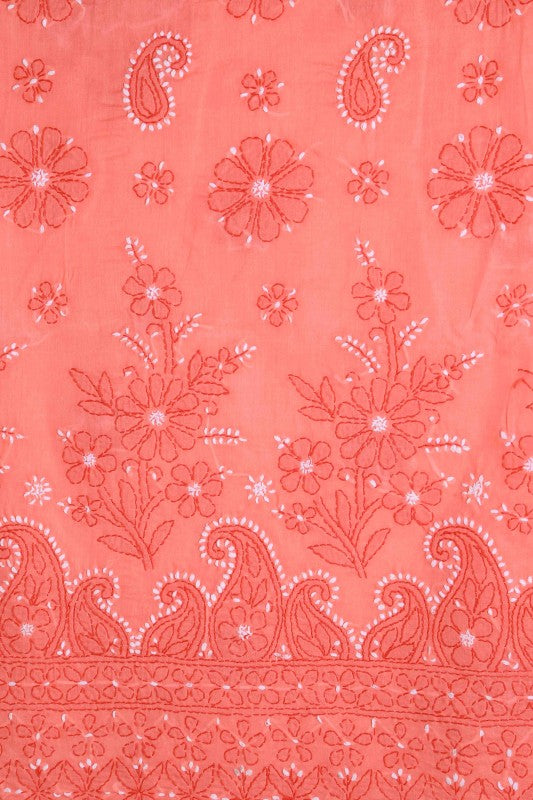 Ada Hand Embroidered Peach Cotton Lucknowi Chikan Unstitched Suit Piece–A100191