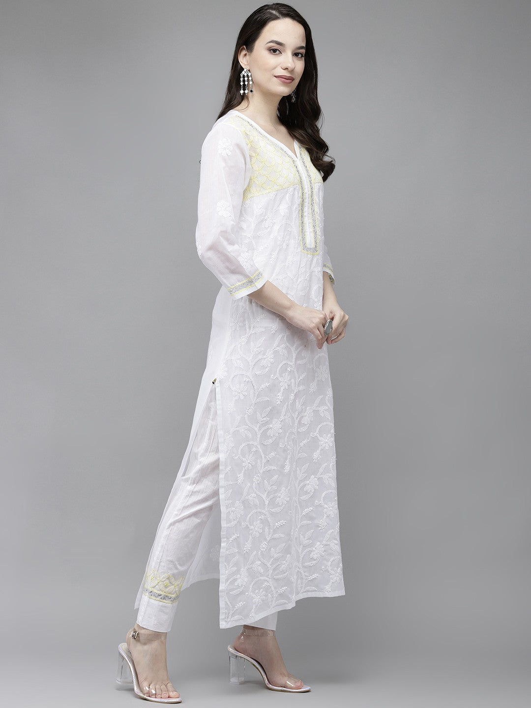 Ada Hand Embroidered White Cotton Lucknowi Chikankari Kurta Set A811213