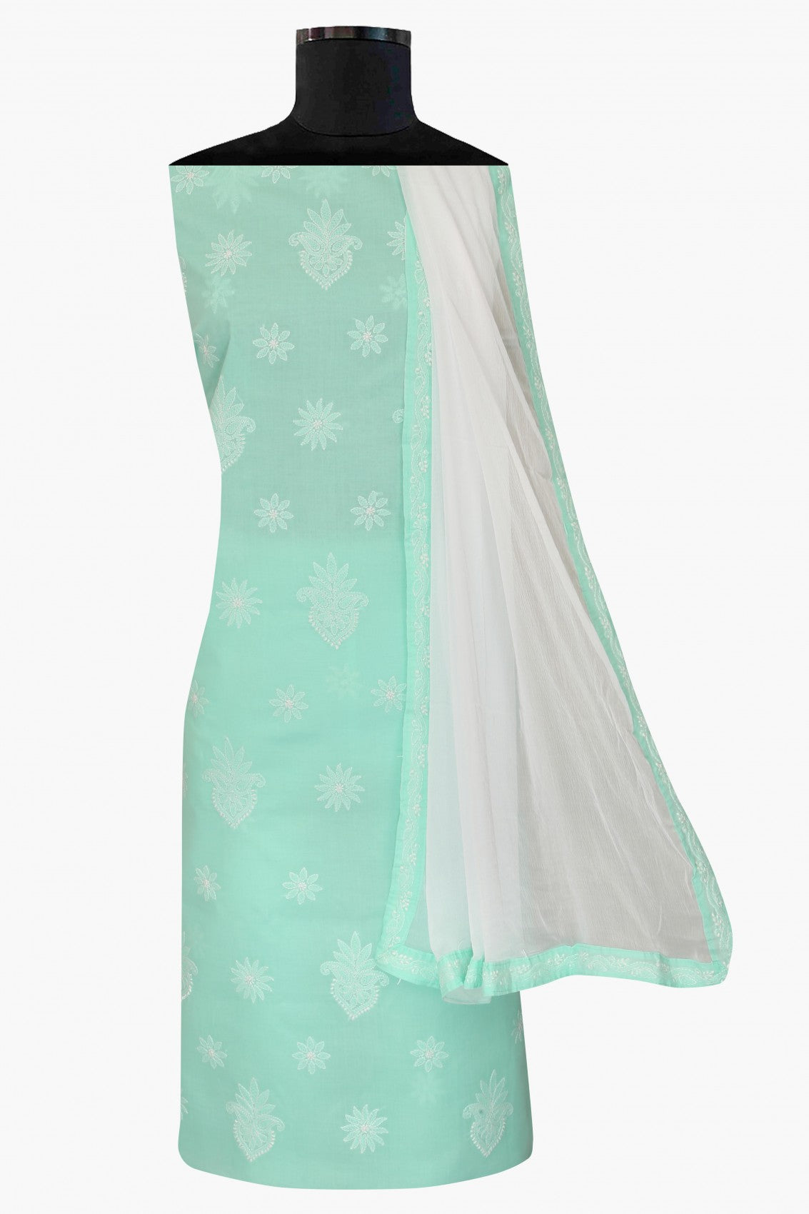 Ada Hand Embroidered Sea Green Cotton Lucknowi Chikankari Unstitched Suit Piece A211199
