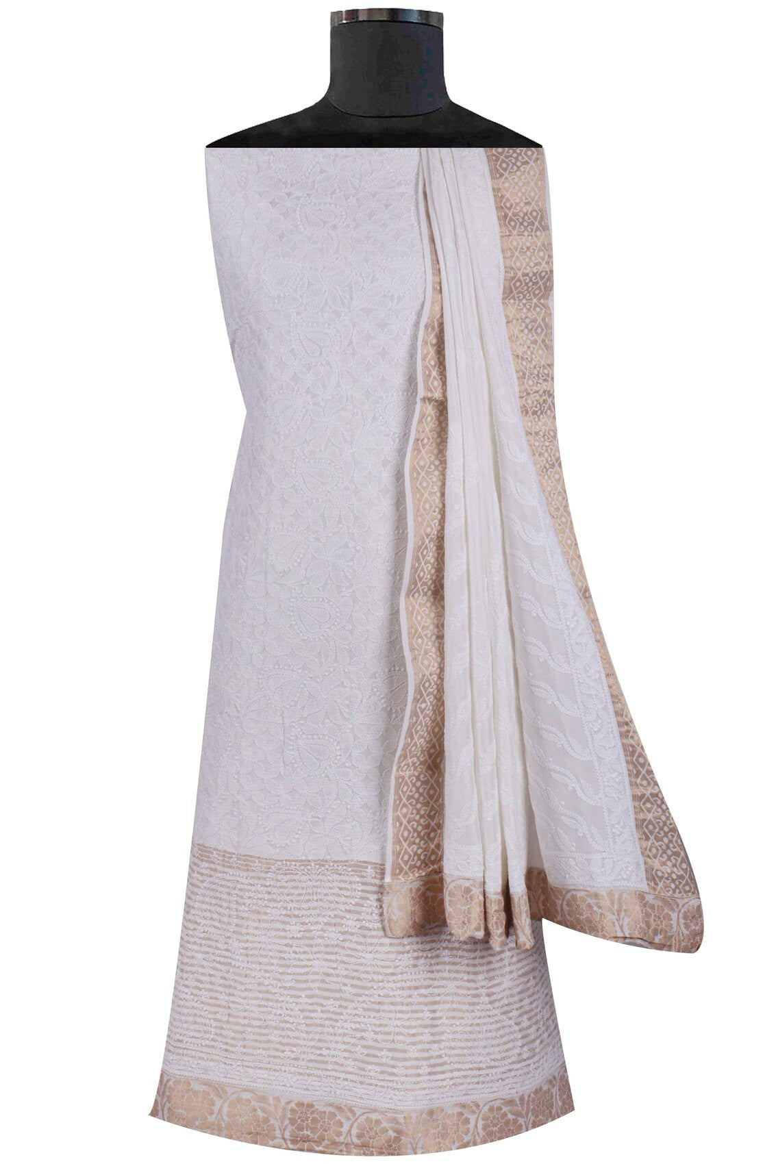 Ada Hand Embroidered White Silk Lucknowi Chikankari Unstitched Kurta Dupatta Set 01A58767