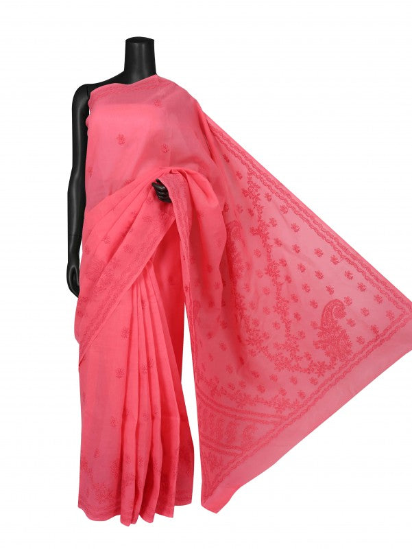 Ada Hand Embroidered Carrot Pink Cotton Lucknowi Chikankari Saree With Blouse A578187