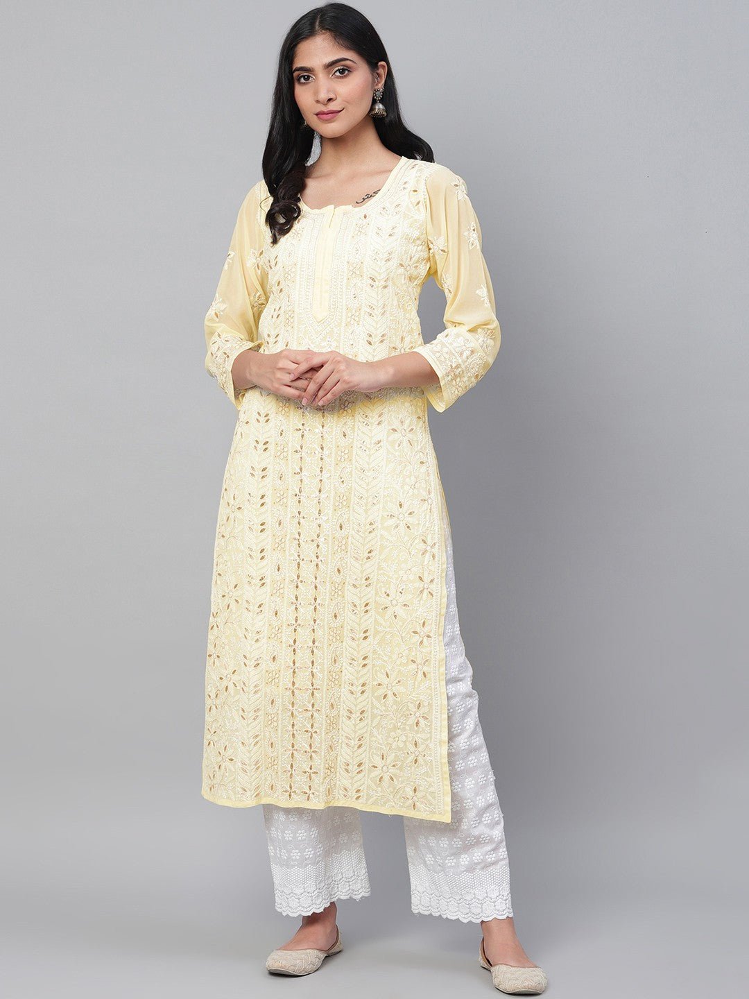 Ada Hand Embroidered Yellow Georgette Lucknowi Chikankari Straight Kurta/Slip with Gota patti Work A411111