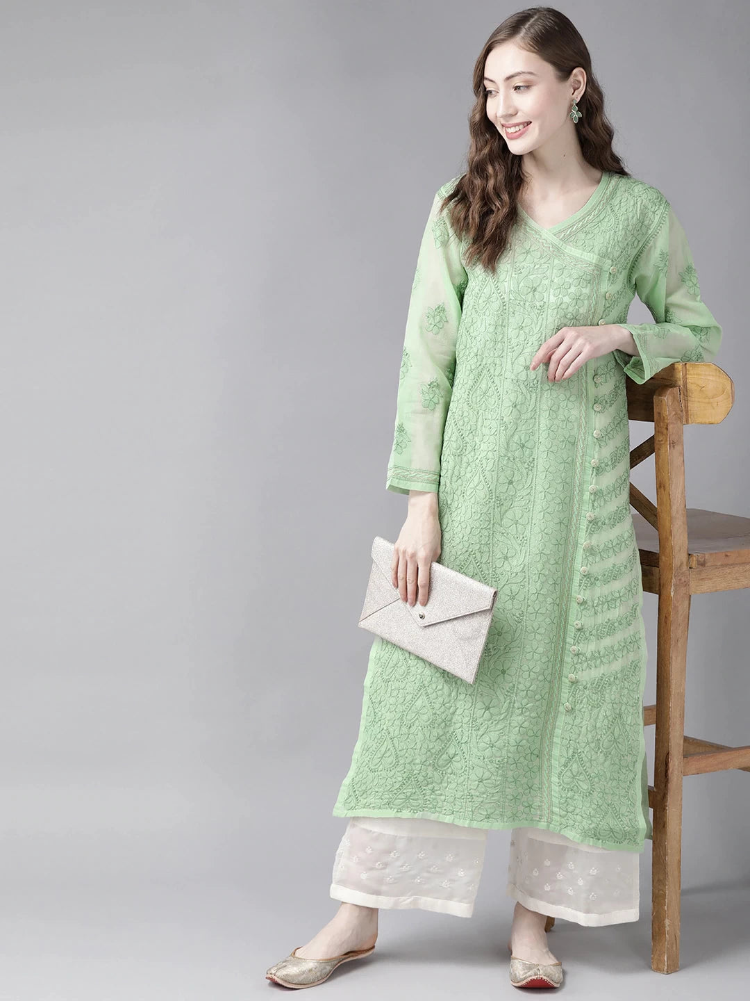 Ada Hand Embroidered Green Cotton Lucknow Chikan Kurta-A411254