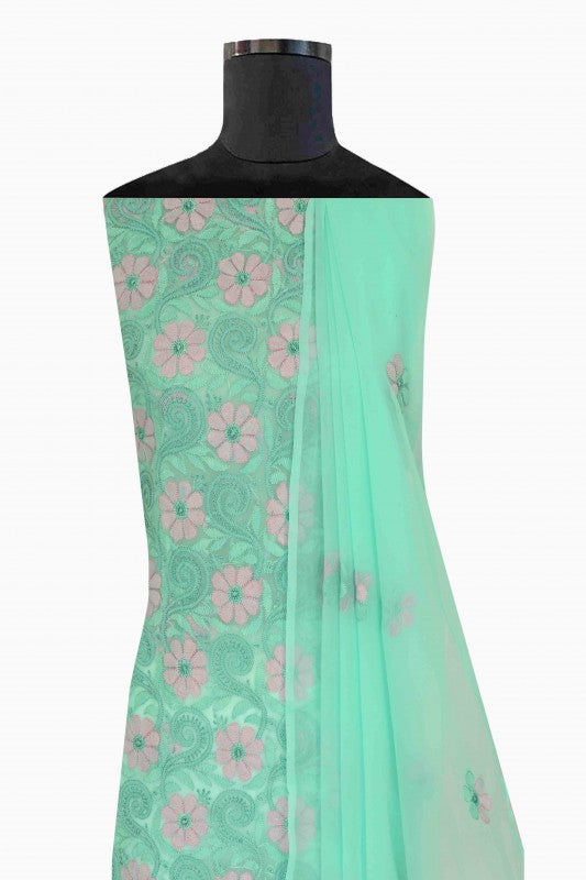 Ada Hand Embroidered Sea Green Georgette Lucknowi Chikan Unstitched Suit Piece A630426