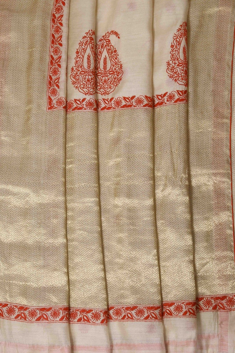 Ada Hand Embroidered Fawn Moonga Silk Lucknowi Chikankari Saree With Blouse-A91762