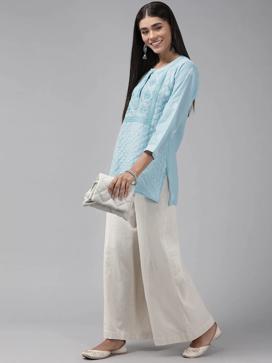 Ada Hand Embroidered Blue Cotton Lucknowi Chikankari Straight Kurti A911238