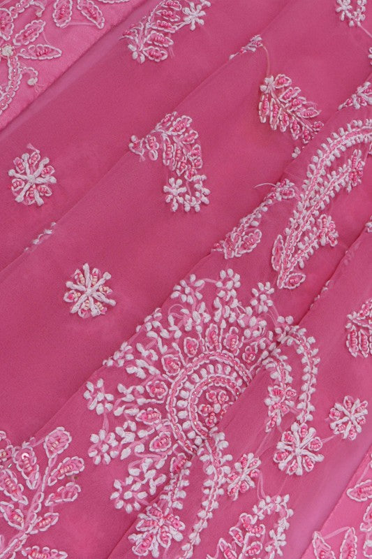 Ada Hand Embroidered Pink Georgette Lucknowi Chikankari Saree/Blouse With Pearl Work A493286