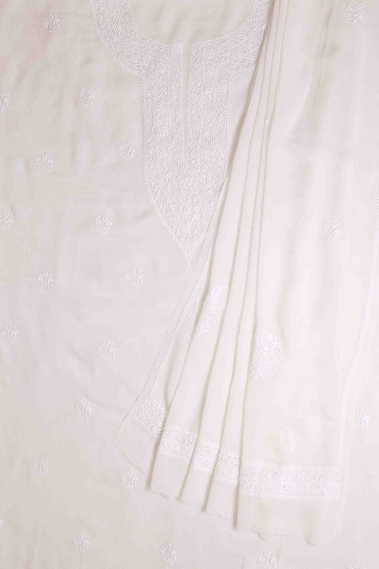 Ada Hand Embroidered White Pure Georgette Lucknowi Chikan Unstitched Kurta Dupatta Set A467217