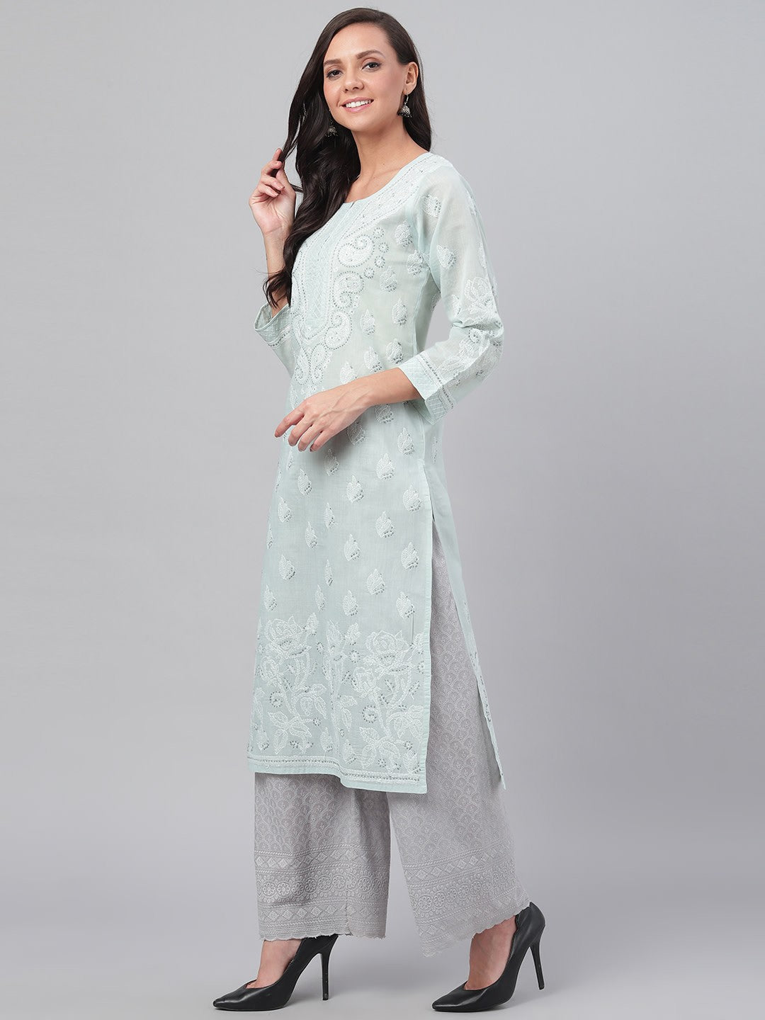 Ada Hand Embroidered Grey Cotton Lucknowi Chikankari Straight Kurta A230001