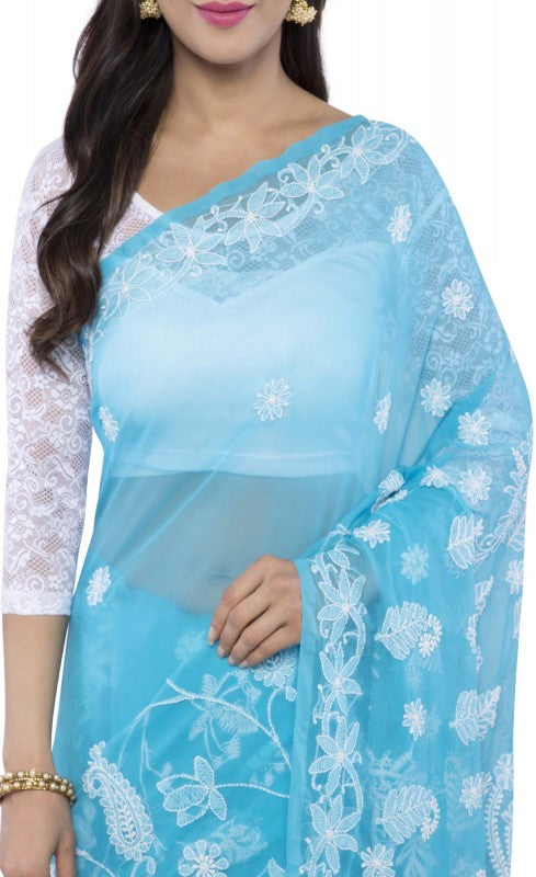Ada Hand Embroidered Blue Georgette Lucknow Chikan Saree with Blouse A381324