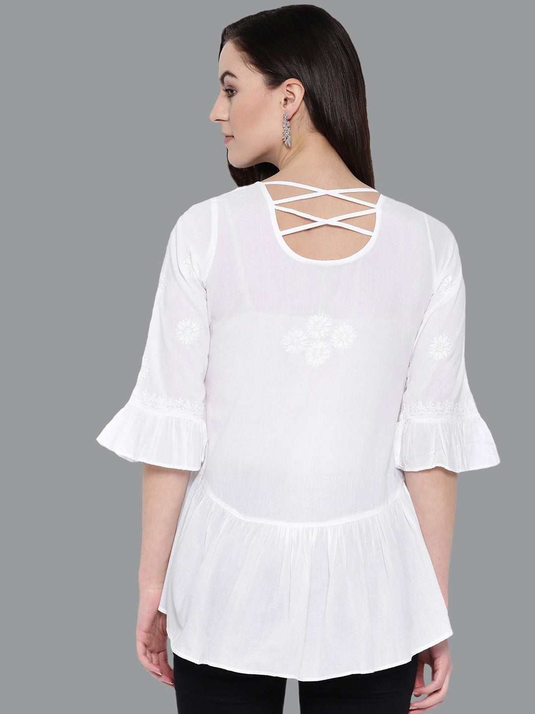 Ada Hand Embroidered White Cotton Lucknowi Chikankari Top A100149