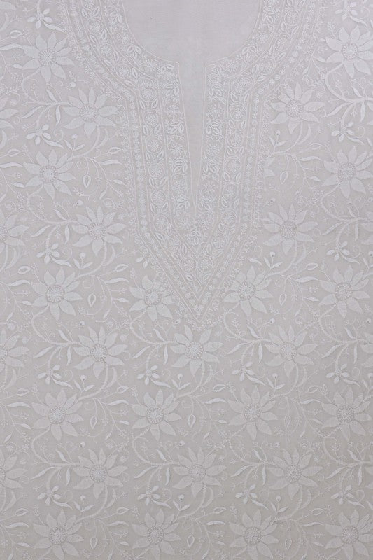 Ada Hand Embroidered White Pure Georgette Lucknowi Chikan Unstitched Kurta Dupatta Set A385943