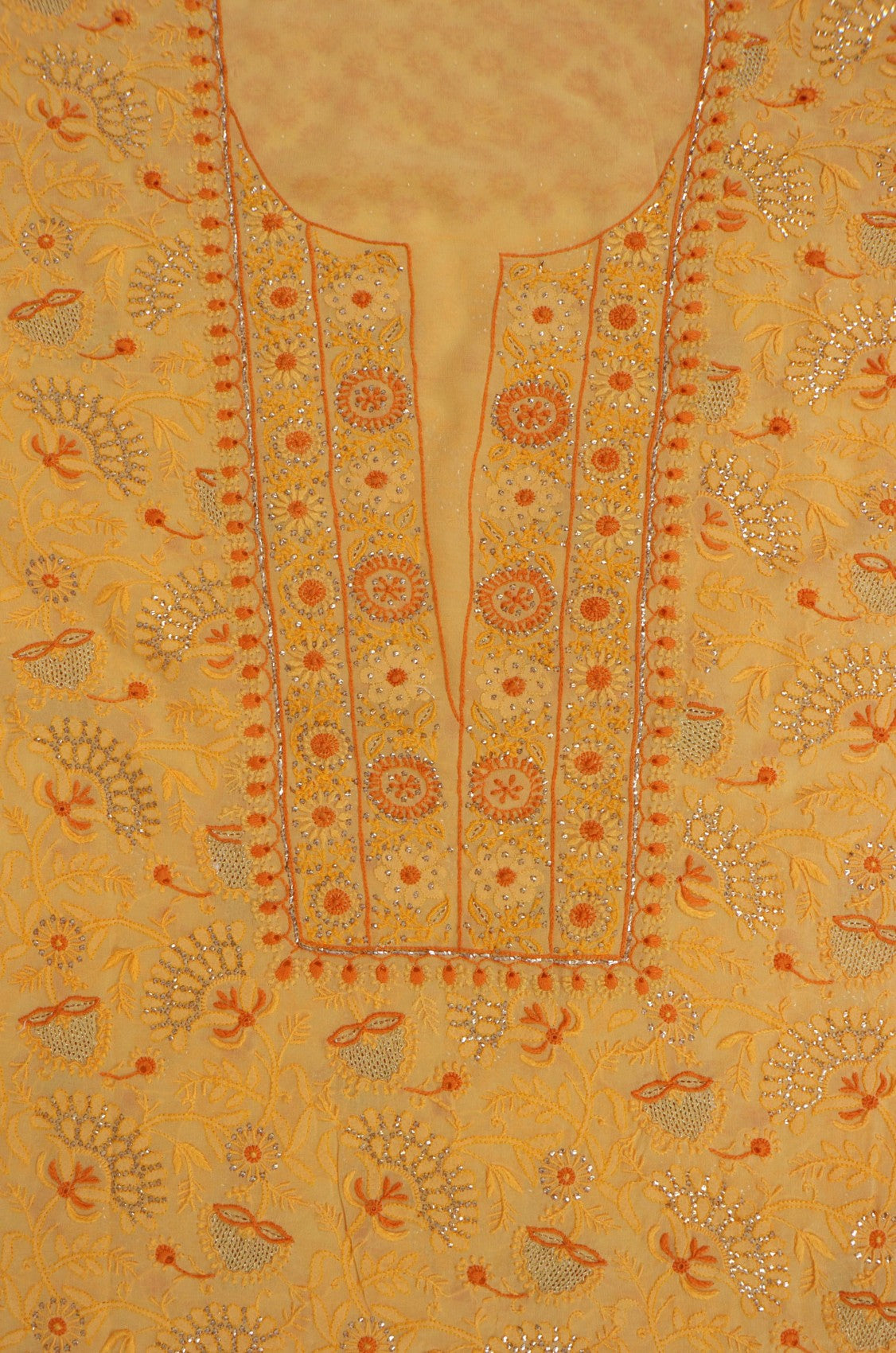 Ada Hand Embroidered Yellow Pure Georgette Lucknowi Chikankari Unstitched Suit Piece With Muqaish Work 01A157718