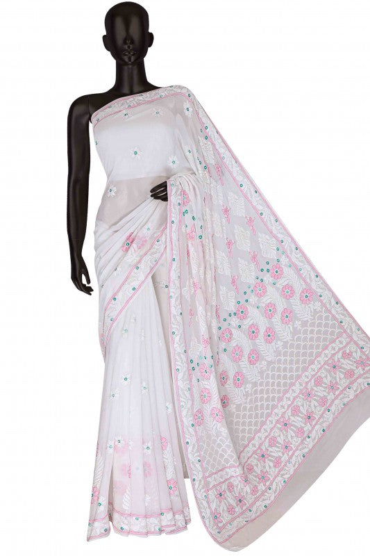 Ada Hand Embroidered White Georgette Lucknowi Chikankari Saree with Blouse A610319