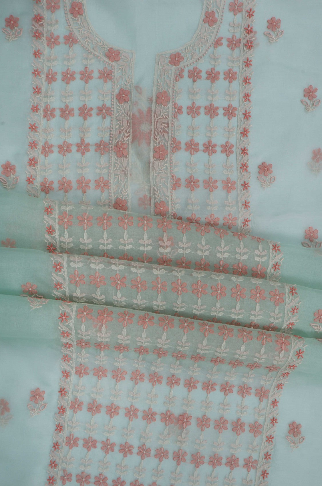 Ada Hand Embroidered Pista Green Organza Lucknowi Chikankari Unstitched Kurta Dupatta Set 01A250933