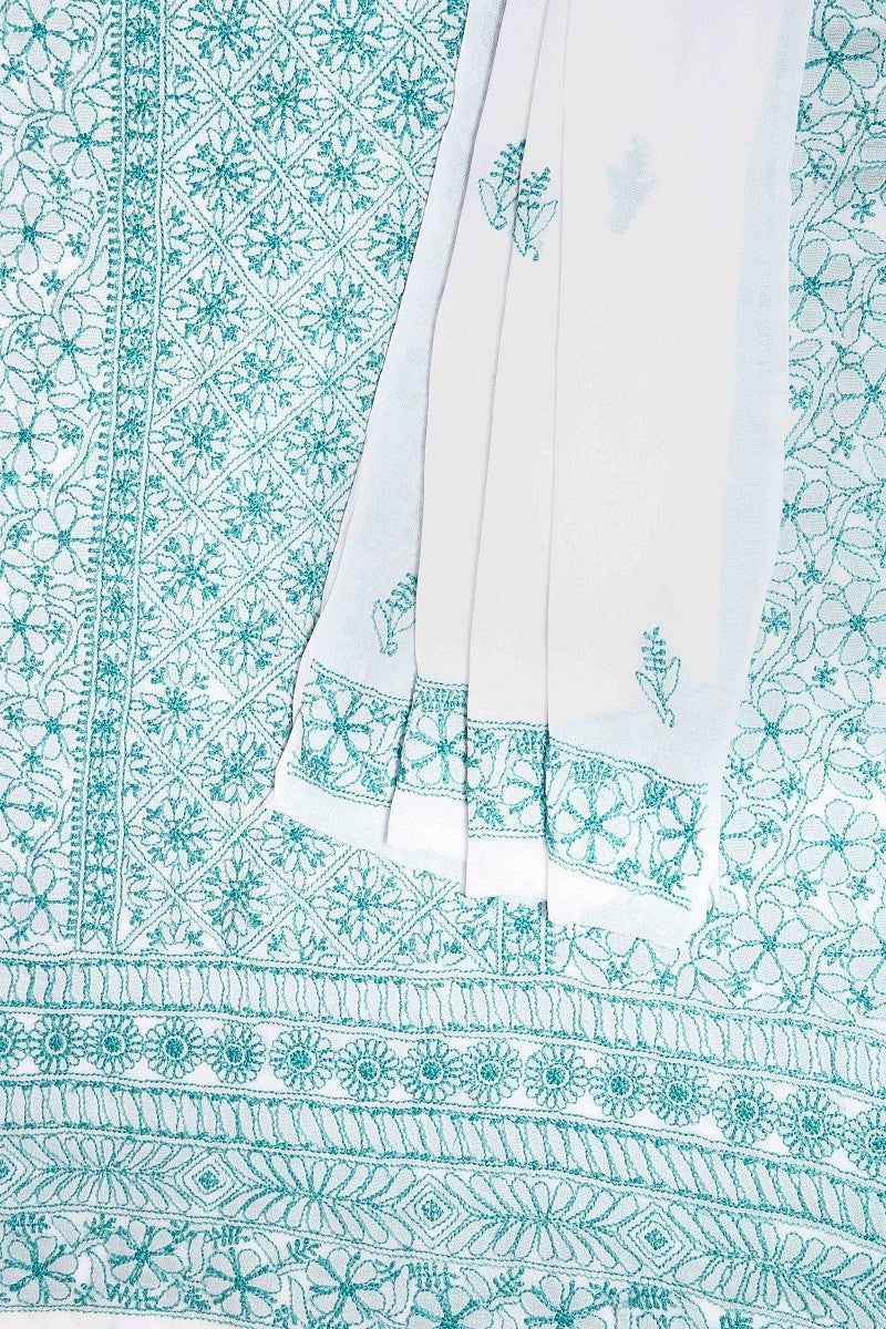 Ada Hand Embroidered White Georgette Lucknowi Chikan Unstitched Kurta Dupatta Set A459532