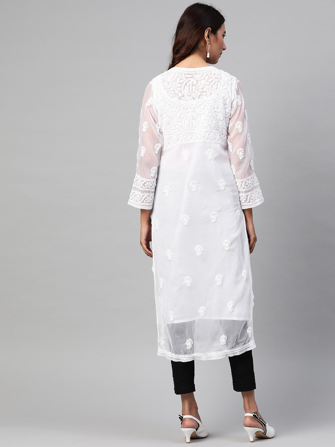Ada Hand Embroidered White Georgette Lucknowi Chikankari Straight Kurta & Trouser Set With Slip A811160