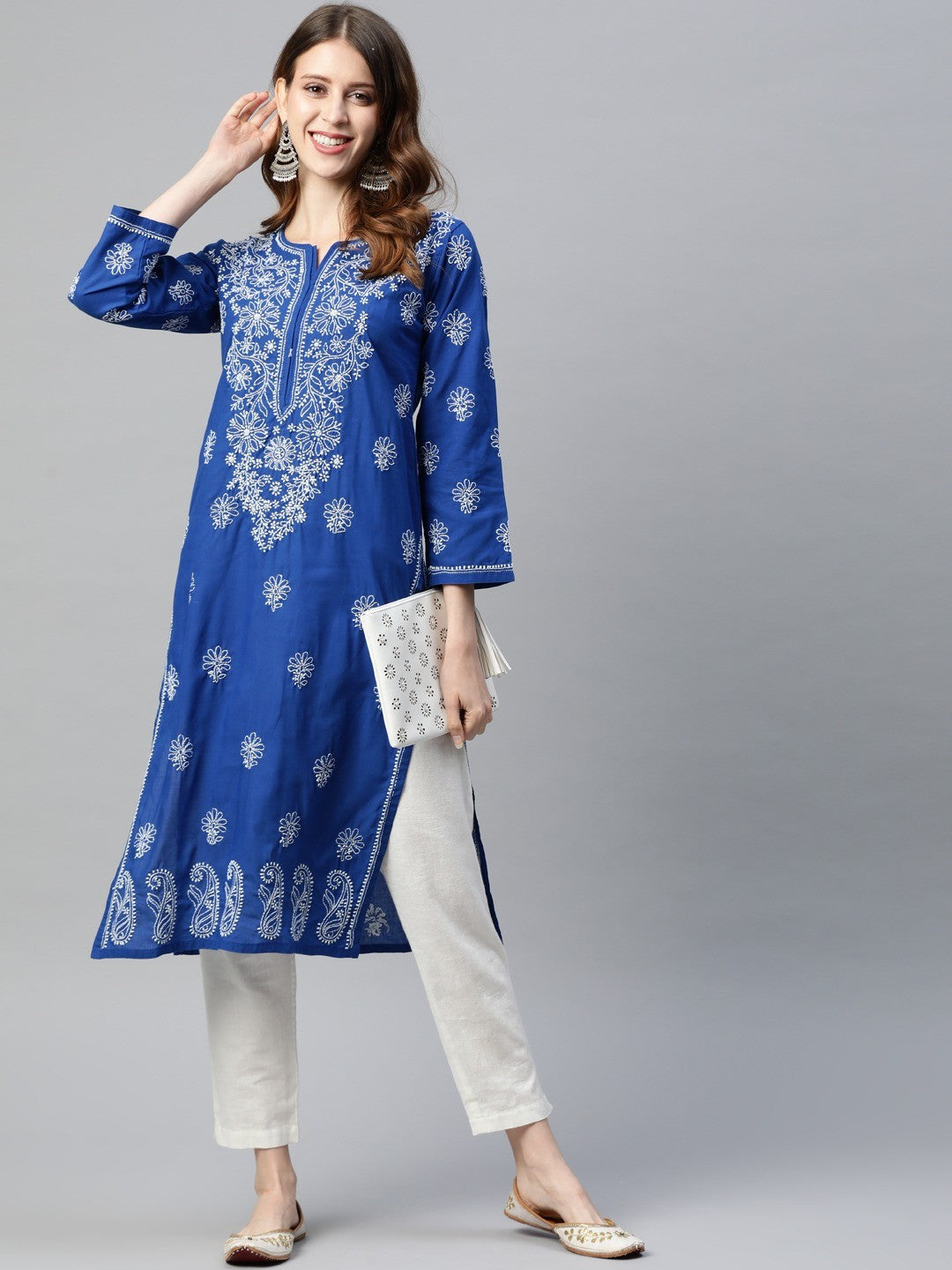 Ada Hand Embroidered Royal Blue Cotton Lucknowi Chikan straight Kurta A411190