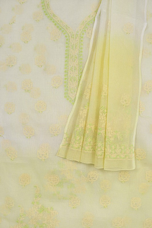Ada Hand Embroidered Lemon Kota Lucknowi Chikan Unstitched Kurta Dupatta Set A596934