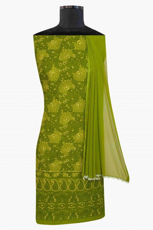 Ada Hand Embroidered Crocodile Green Cotton Lucknowi Chikan Unstitched Suit Piece A100308