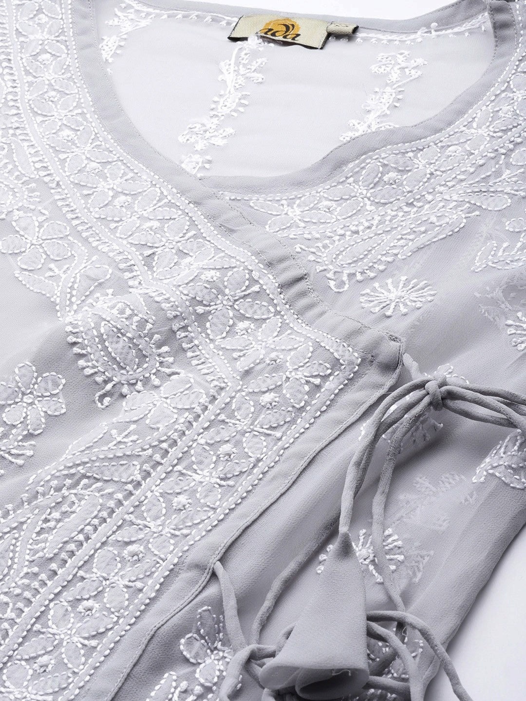 Ada Hand Embroidered Grey Georgette Lucknow Chikankari Angarkha Kurta With Slip -A411262