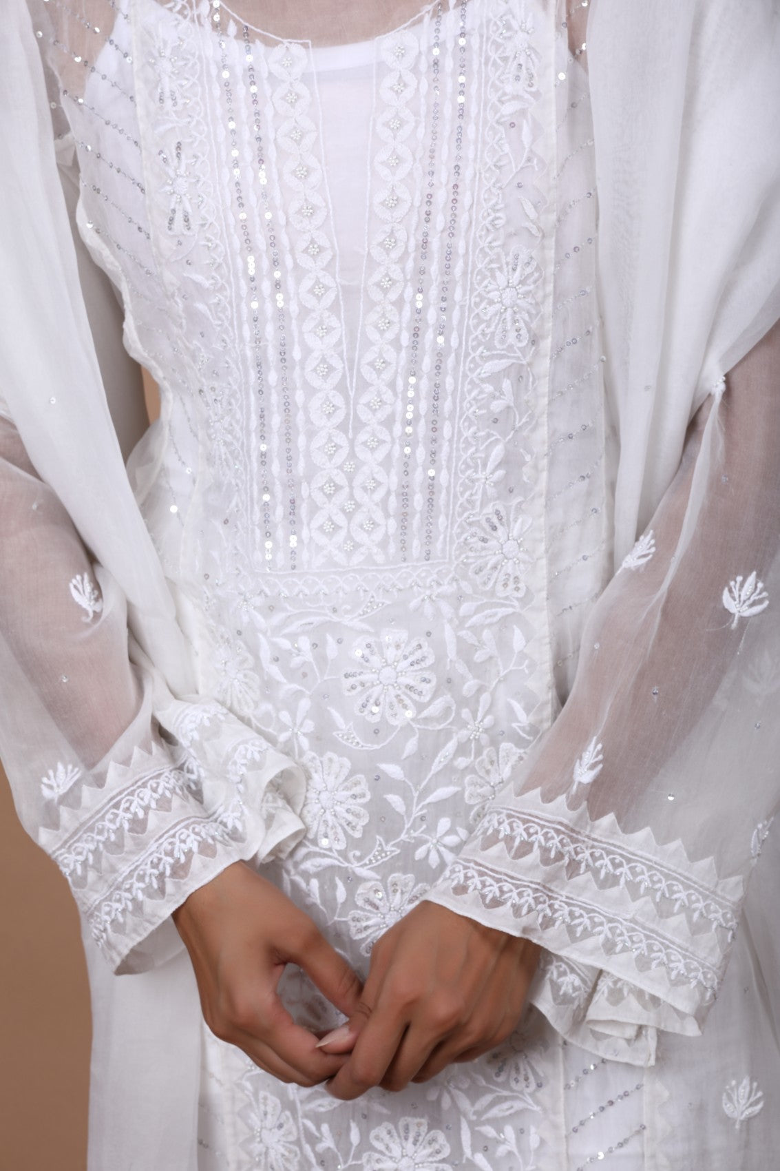 Ada Hand Embroidered White Organza Lucknowi Chikankari Semi-stitched Kurta Dupatta Set With Pearl Work 01A124720