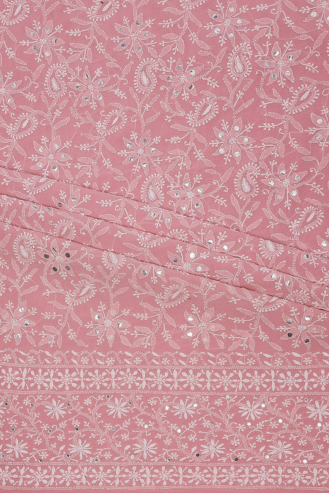 Ada Hand Embroidered Onion Pink Pure Georgette Lucknowi Chikankari Unstitched Kurta Dupatta With Mirror Work A93069