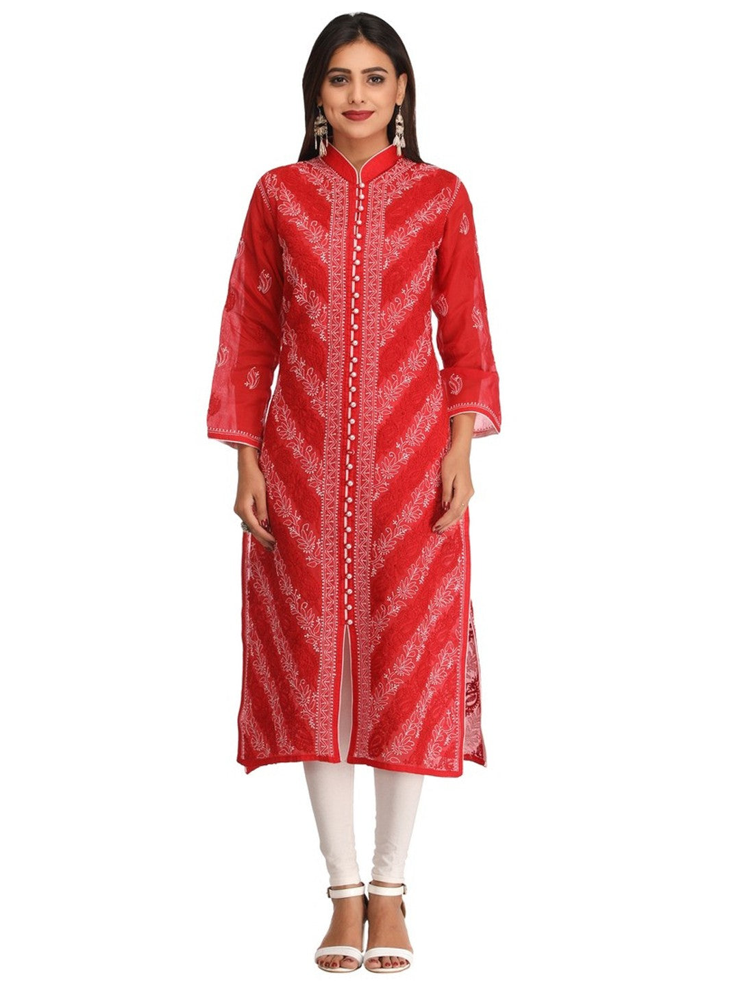 Ada Hand Embroidered Red Cotton Lucknowi Chikankari Straight Kurta A239006