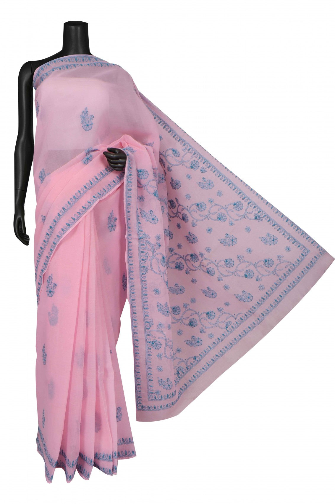 Ada Hand Embroidered Pink Cotton Lucknowi Chikankari Saree with Blouse A173137