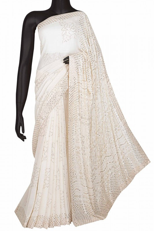 Ada Hand Embroidered White Pure Georgette Lucknowi Chikankari Saree/Blouse with Muqaish Work A444656