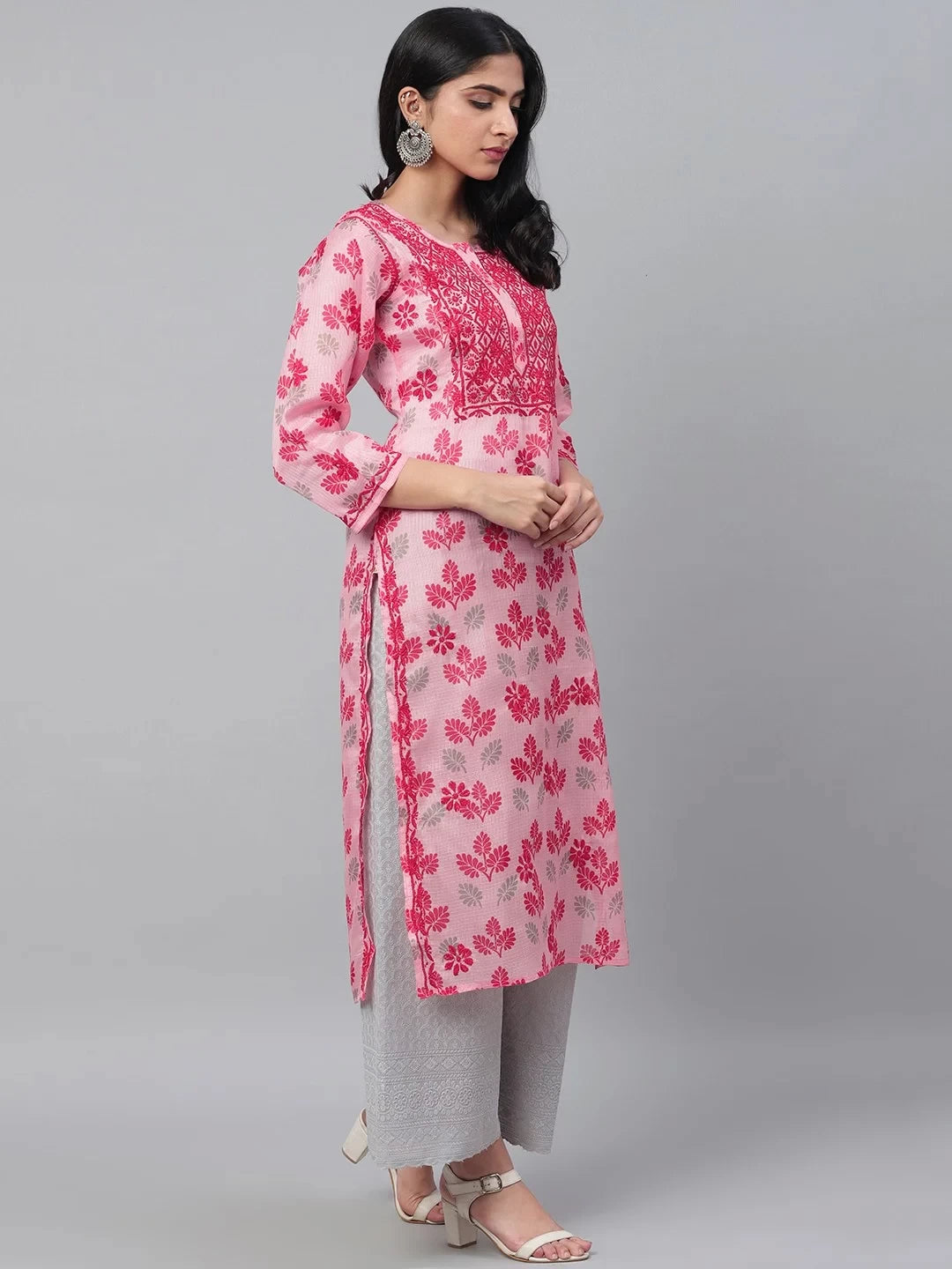 Ada Hand Embroidered Pink Kota Lucknowi Chikankari Straight Kurta A100585