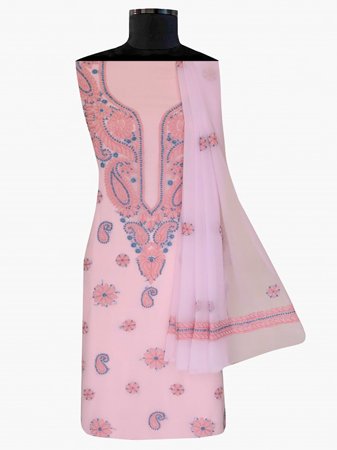 Ada Hand Embroidered Baby Pink Georgette Lucknowi Chikan Unstitched Suit Piece A211188