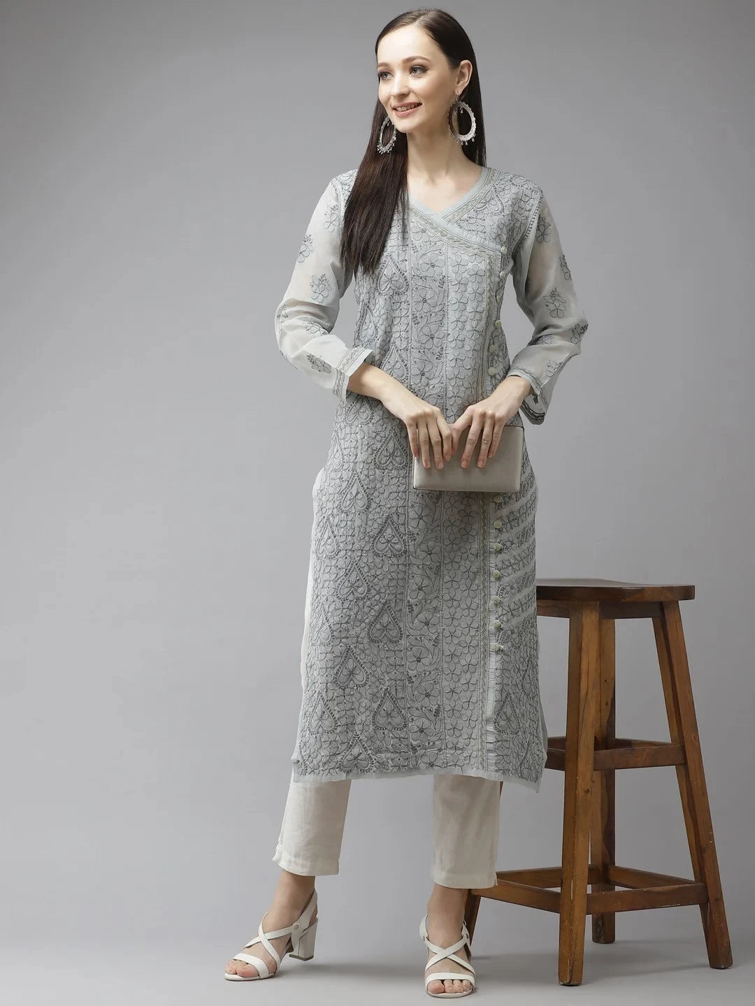 Ada Hand Embroidered Grey Cotton Lucknowi Chikankari Straight Kurta A411318