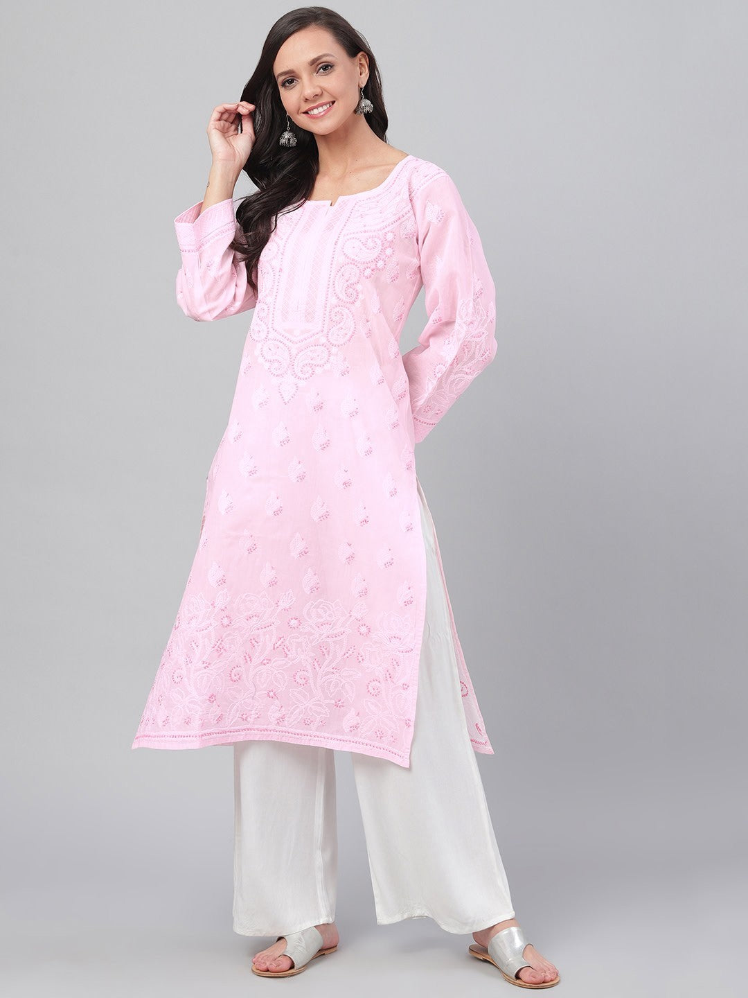 Ada Hand Embroidered Pink Cotton Lucknowi Chikankari Straight Kurta  A221041