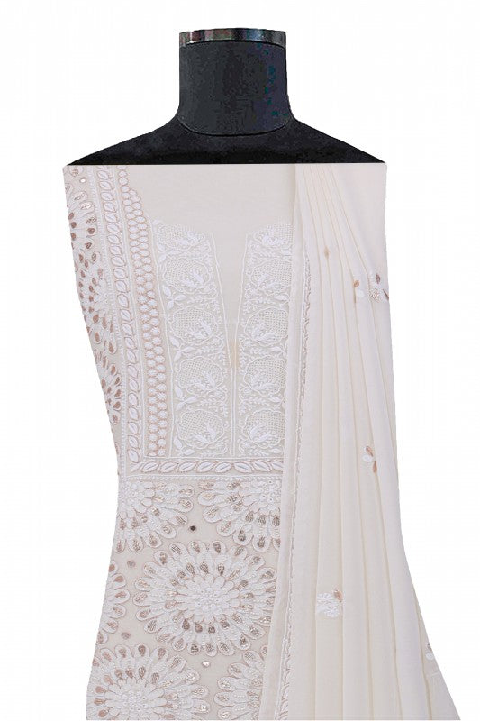 Ada Hand Embroidered White Pure Georgette Lucknowi Chikan Unstitched Kurta Dupatta Set With Gota Patti Work- A576809
