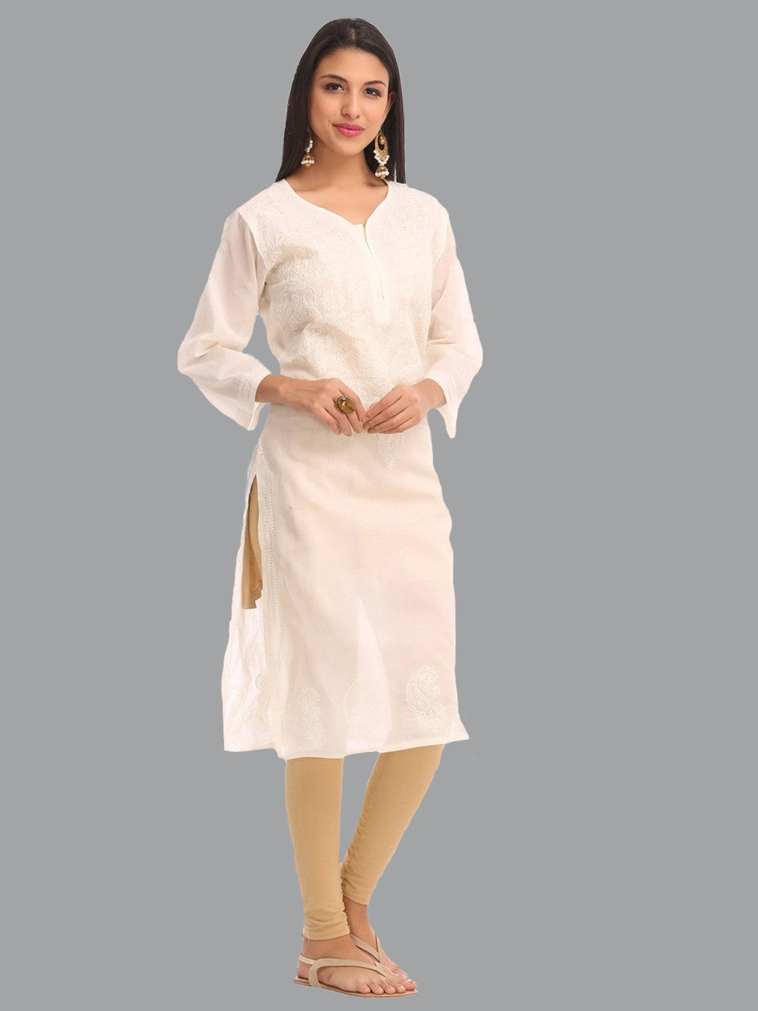 Ada Hand Embroidered Cream Cotton Lucknowi Chikan Straight  Kurta A231355