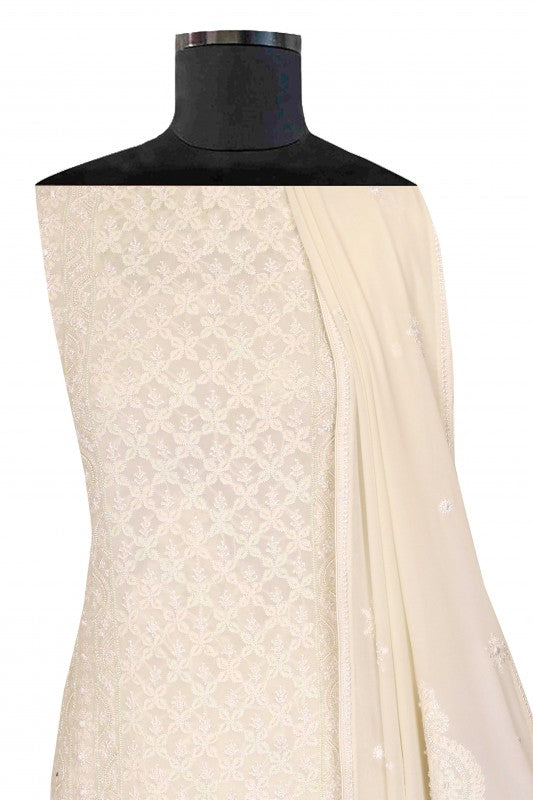Ada Hand Embroidered White Pure Georgette Lucknowi Chikan Unstitched Kurta Dupatta Set With Pearl Work-A621919