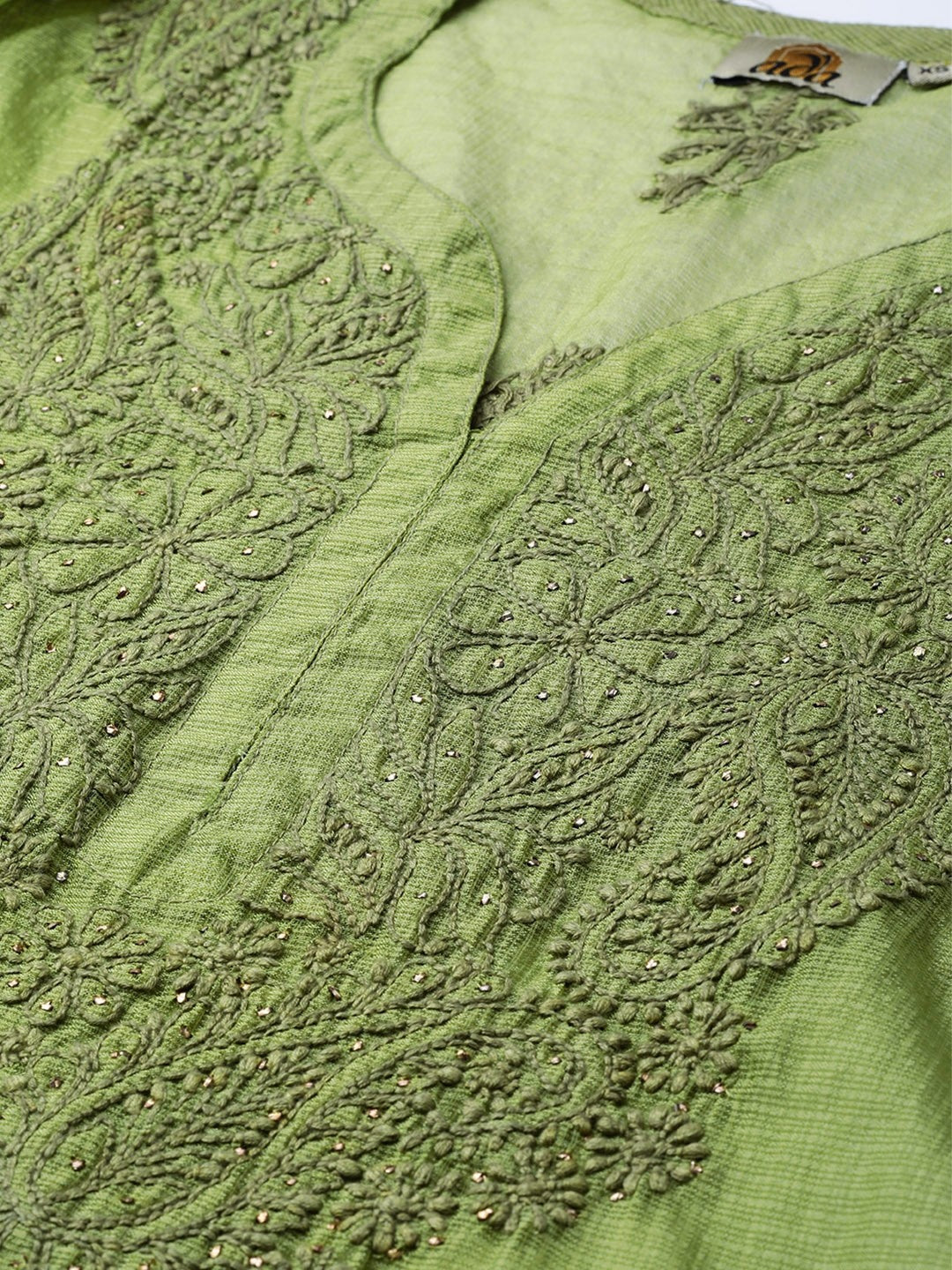 Ada Hand Embroidered Green Kota Lucknowi Chikan Straight Kurta Slip With Muqaish Work- A100485