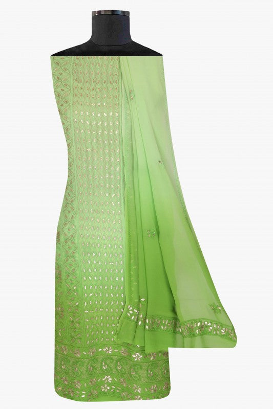 Ada Hand Embroidered Parrot Green Shaded Georgette Lucknowi Chikan Unstitched Kurta Dupatta Set with Gota Patti Work A480891