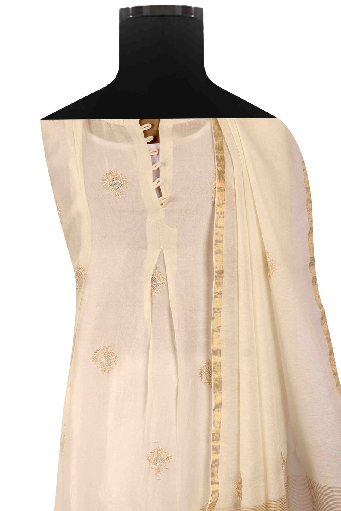 Ada Hand Embroidered Off White Chanderi Lucknowi Chikankari Unstitched Kurta Dupatta Set With Zari Work A520548