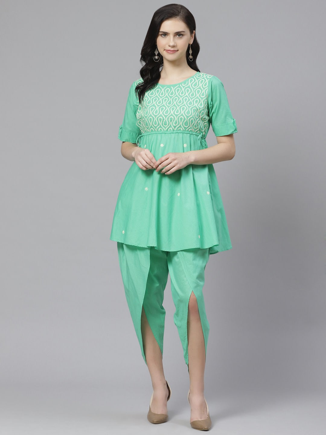 Ada Hand Embroidered Green Cotton Lucknowi Chikankari Flared Kurti With Dhoti Set A100322