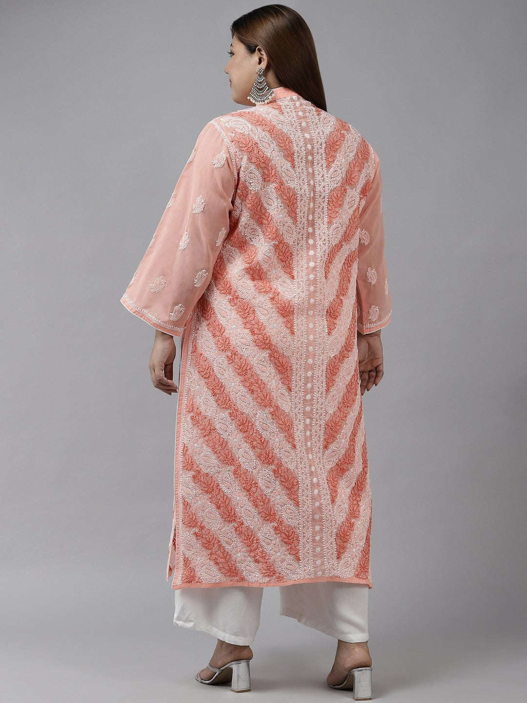 Ada Hand Embroidered Peach Cotton Lucknow Chikan Kurta A411321