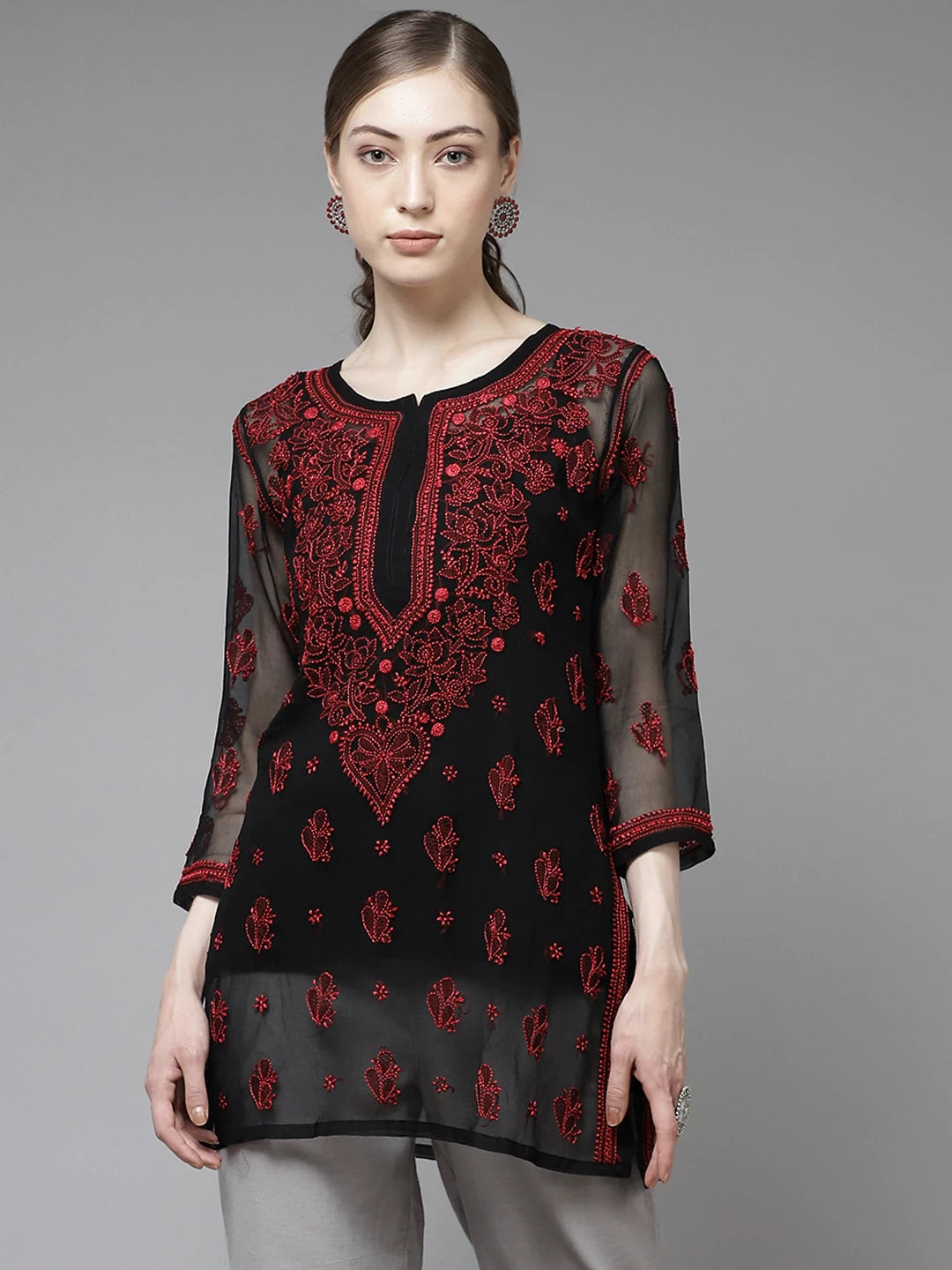 Ada Hand Embroidered Black Georgette Lucknowi Chikankari Kurti With Slip A911135