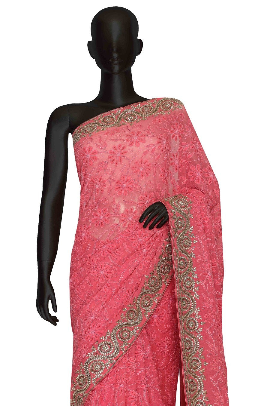 Ada Hand Embroidered Tulip Pink Pure Georgette Lucknowi Chikankari Saree With Blouse- A47845