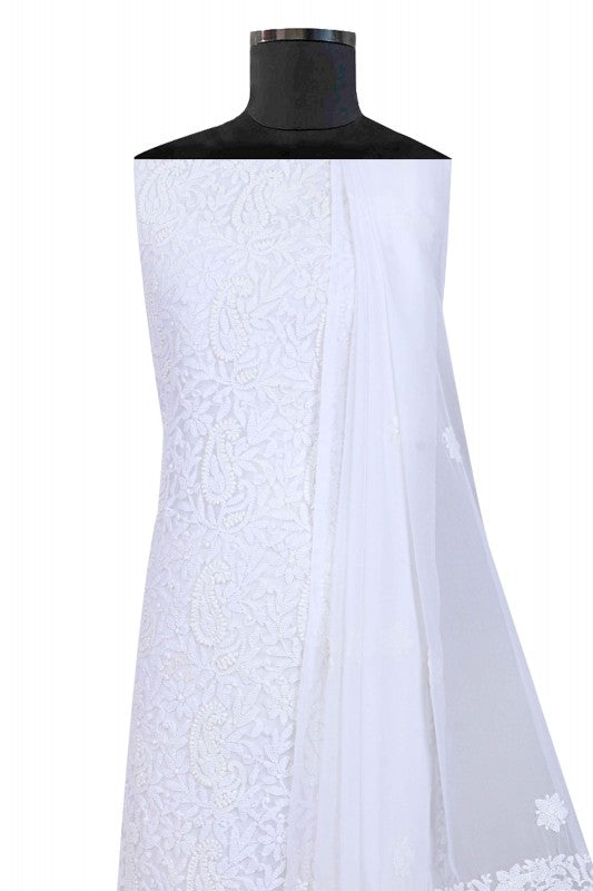 Ada Hand Embroidered White Georgette Lucknowi Chikan Unstitched Suit Piece A613267