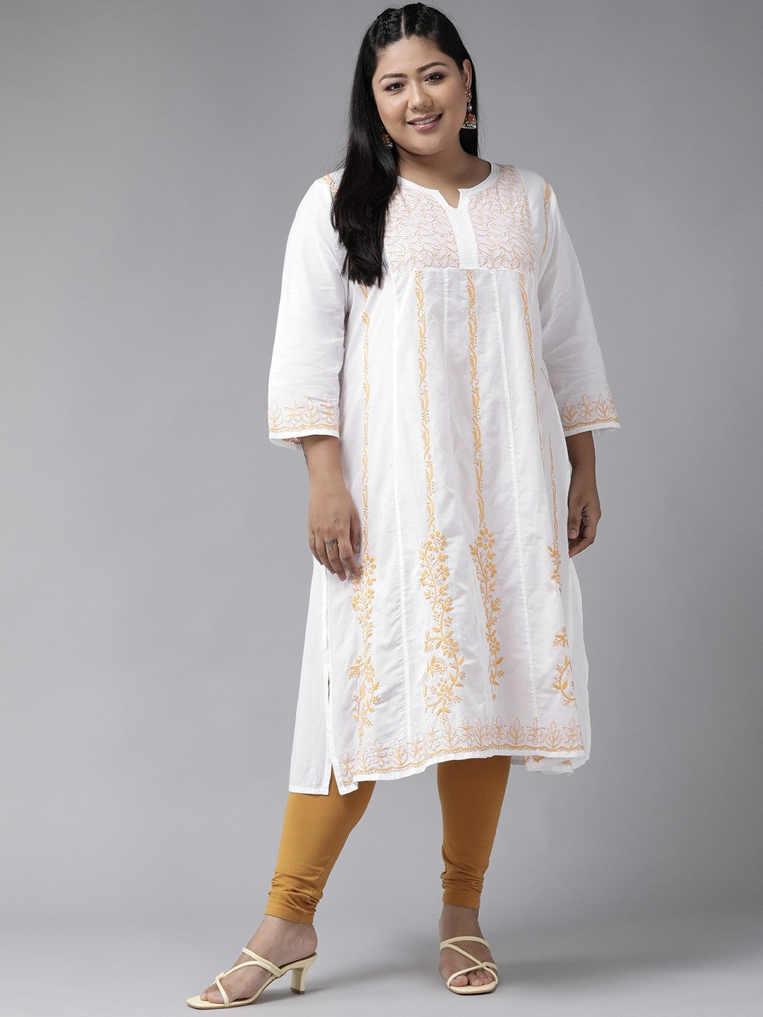 Ada Hand Embroidered White Cotton A Line Lucknowi Chikankari Straight Kurta A100205