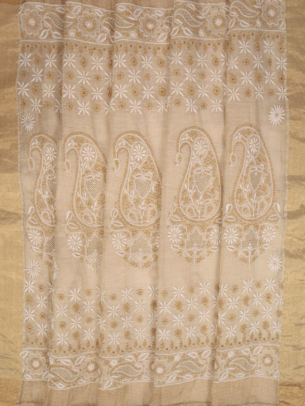 Ada Hand Embroidered Natural Fawn Tissue Lucknowi Chikankari Saree/Blouse With Zari Work A606168