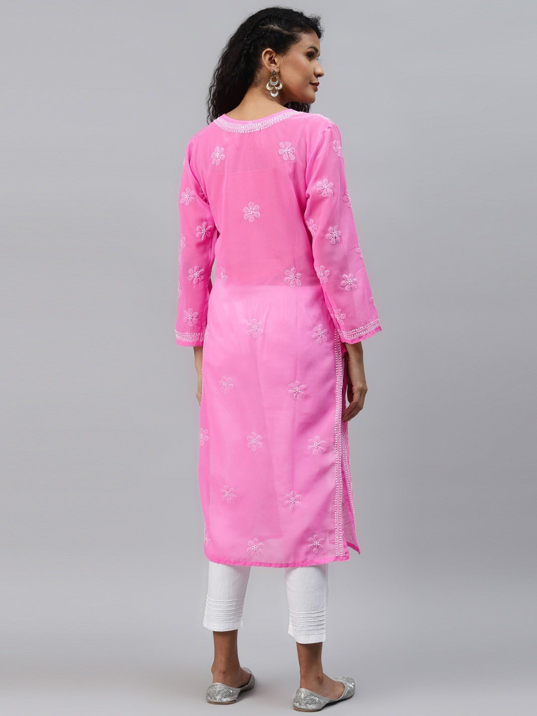 Ada Hand Embroidered Pink Georgette Lucknowi Chikankari Straight Kurta Set A811202