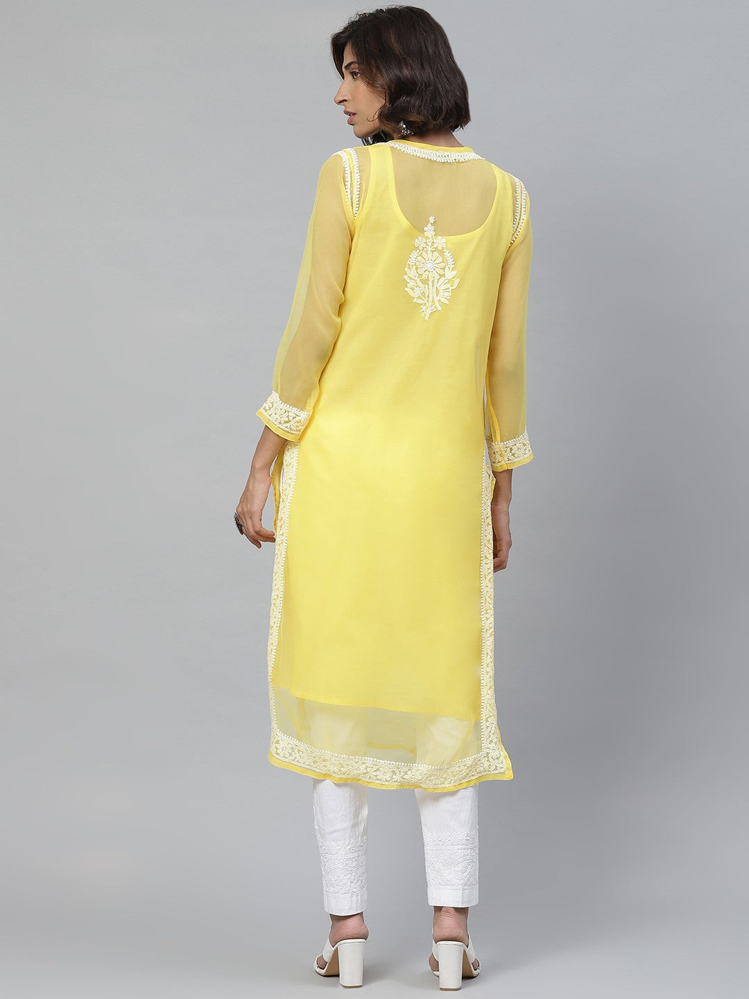 Ada Hand Embroidered Yellow And White Georgette Lucknowi Chikankari Kurta Set With Slip-A100545